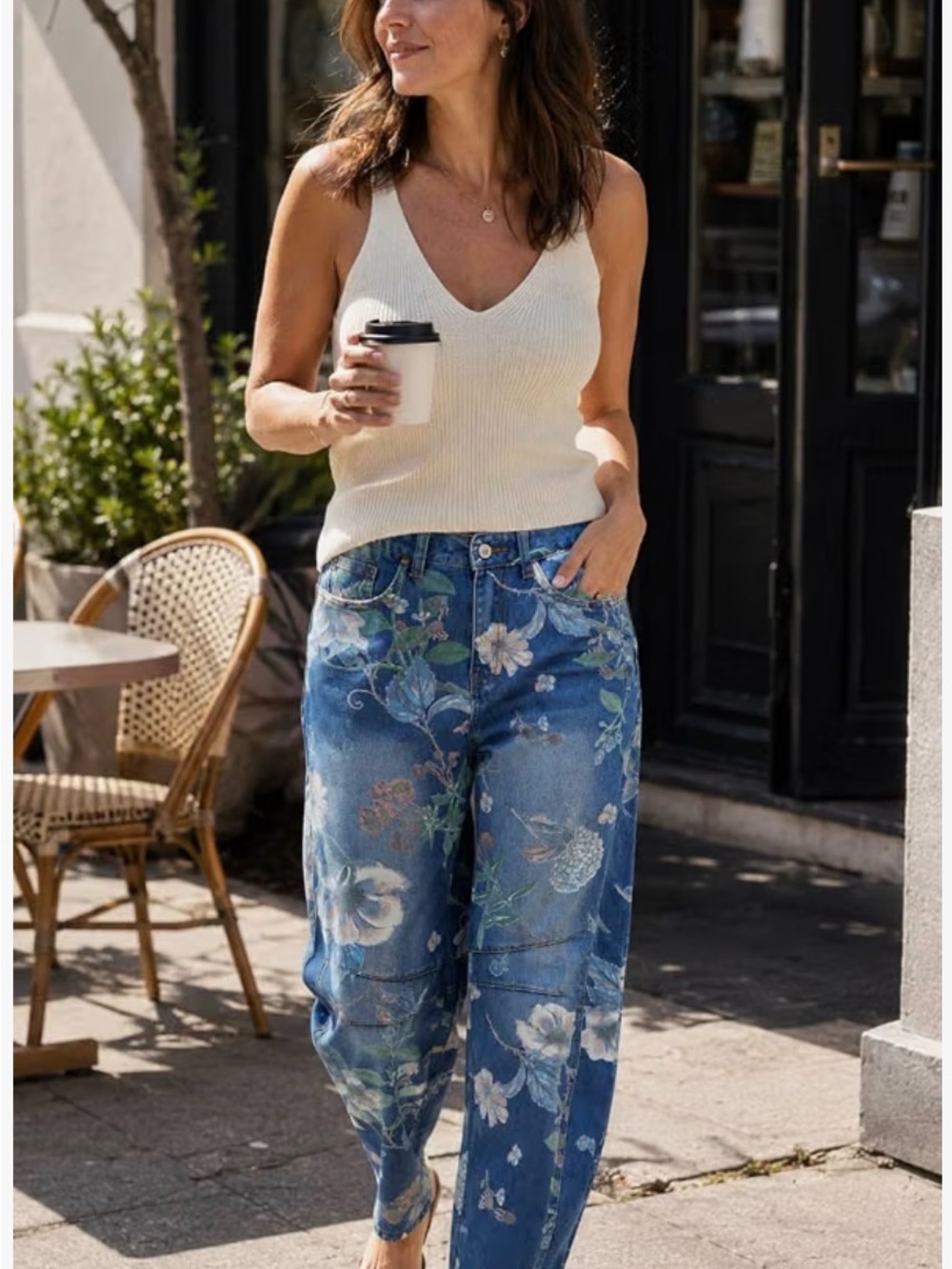 Floral Print Blue Barrel Leg Jeans